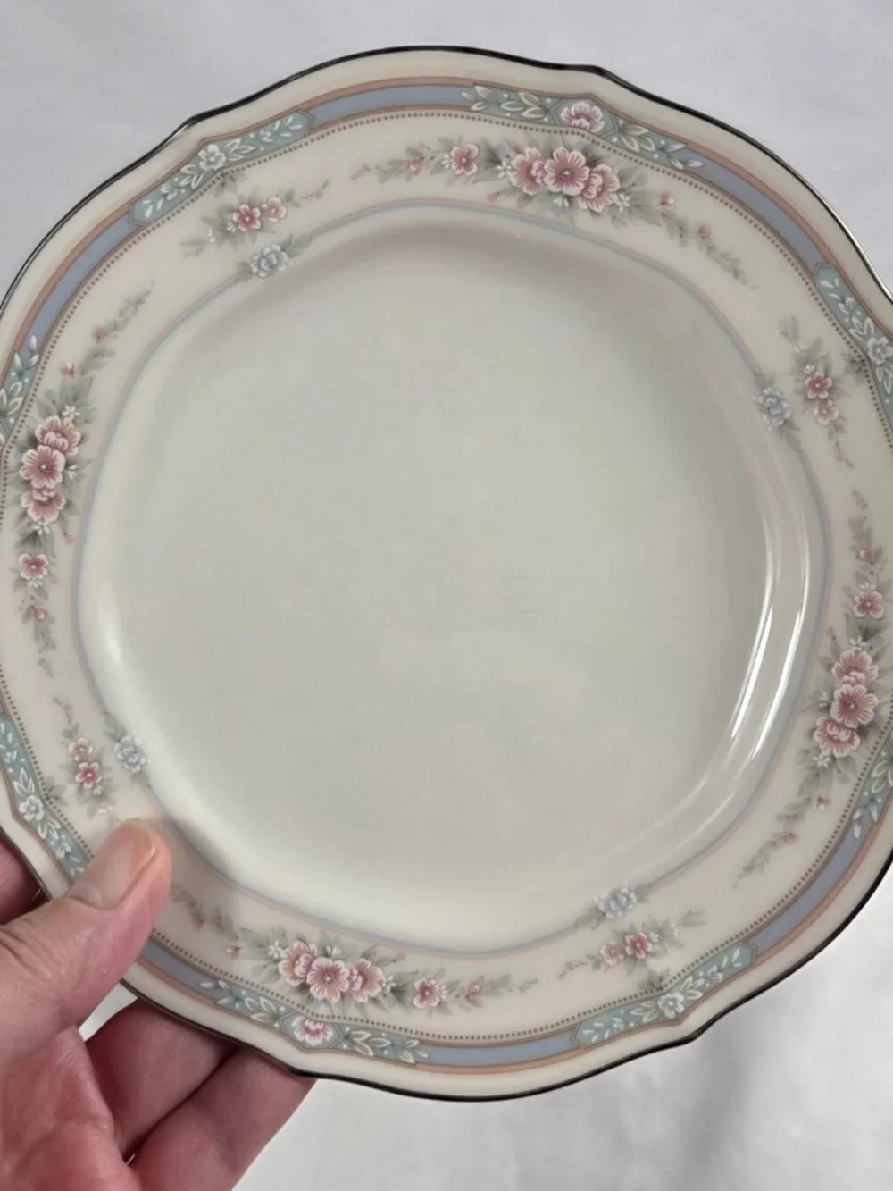 TWO Noritake Rothschild Bread Plates Ivory Blue Band with Pink Flowers
